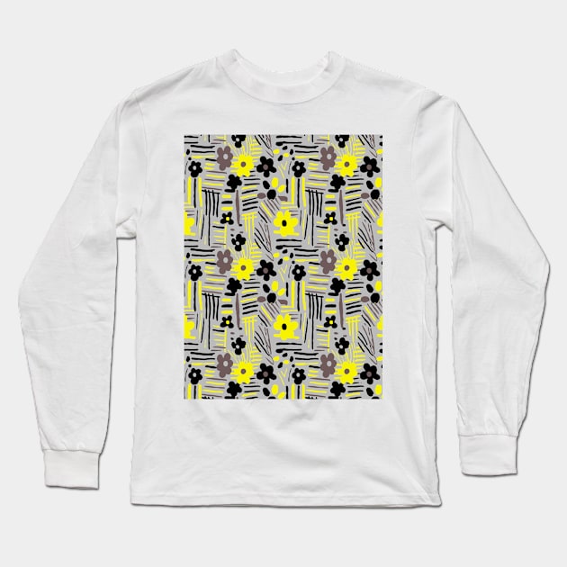 Minimal soft style floral and stripes yellow black gray Long Sleeve T-Shirt by Remotextiles